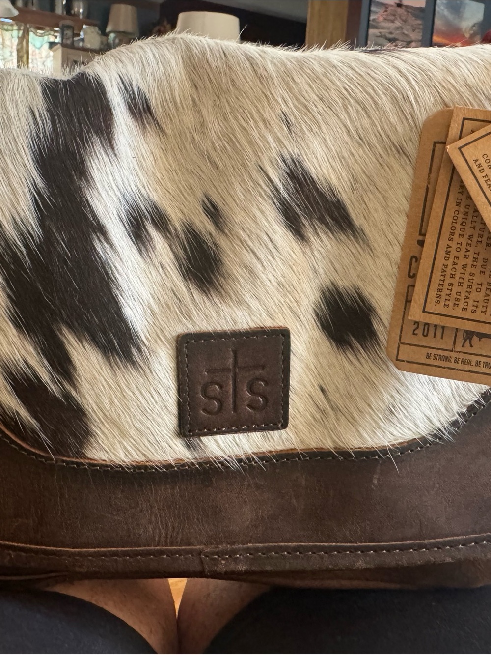 STS Ranchwear Brown Leather Messenger Bag with White and Black Cowhide Flap
